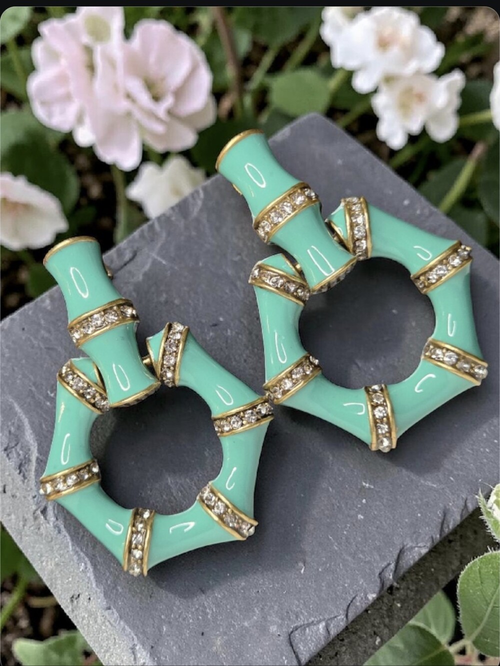 Antique Gold Chunky Turquoise Enamel Crystal Bamboo Doorknocker Earrings